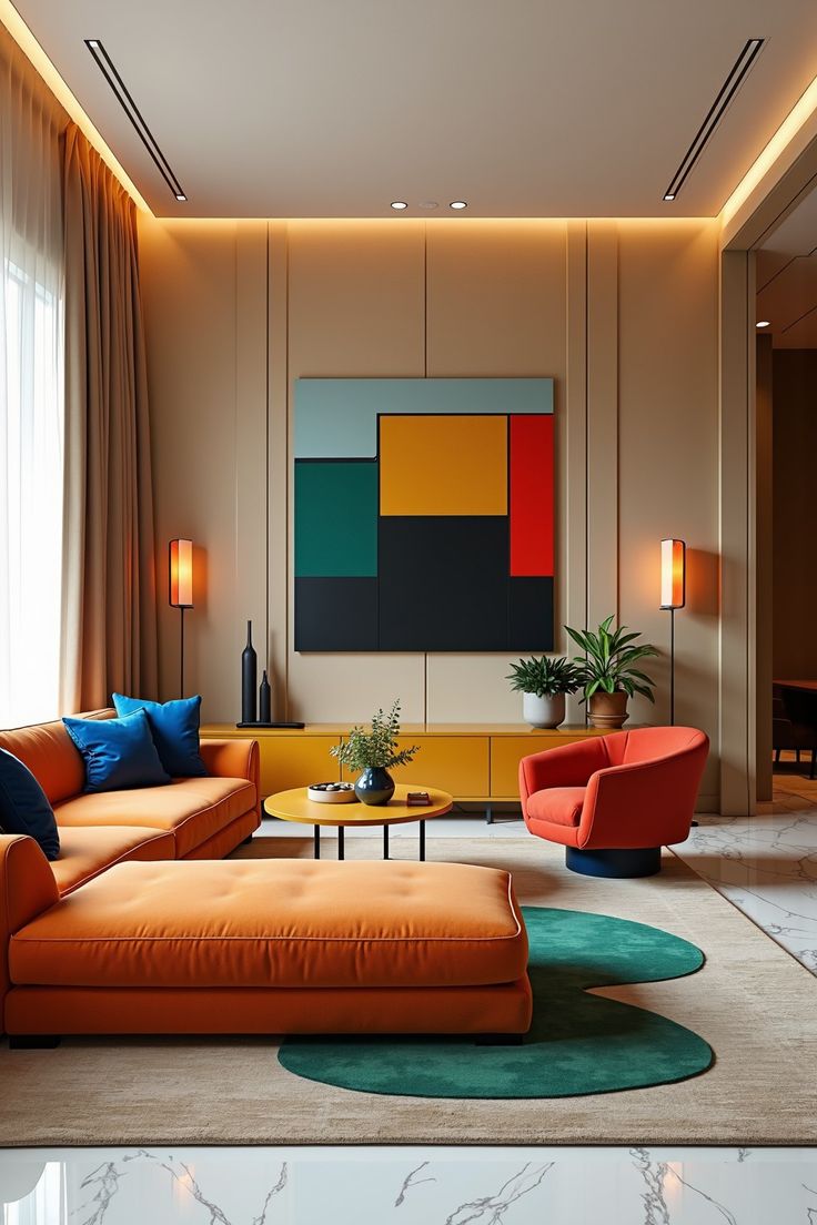 A curated contemporary living space in warm amber and teal tones, previewing the atmosphere at BFLD Expo 2027.