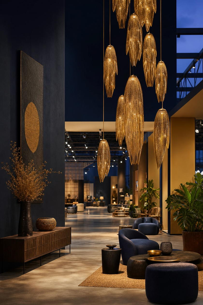 Expo hall with gold pendant cluster