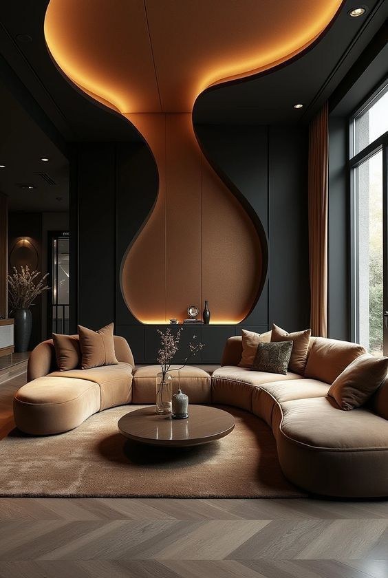 Sculptural lighting glowing in a dark display — design objects at BFLD Expo