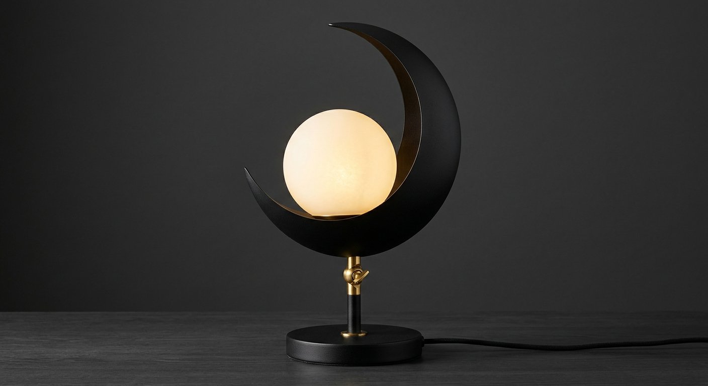 Crescent moon lamp — black crescent with glowing moon-globe