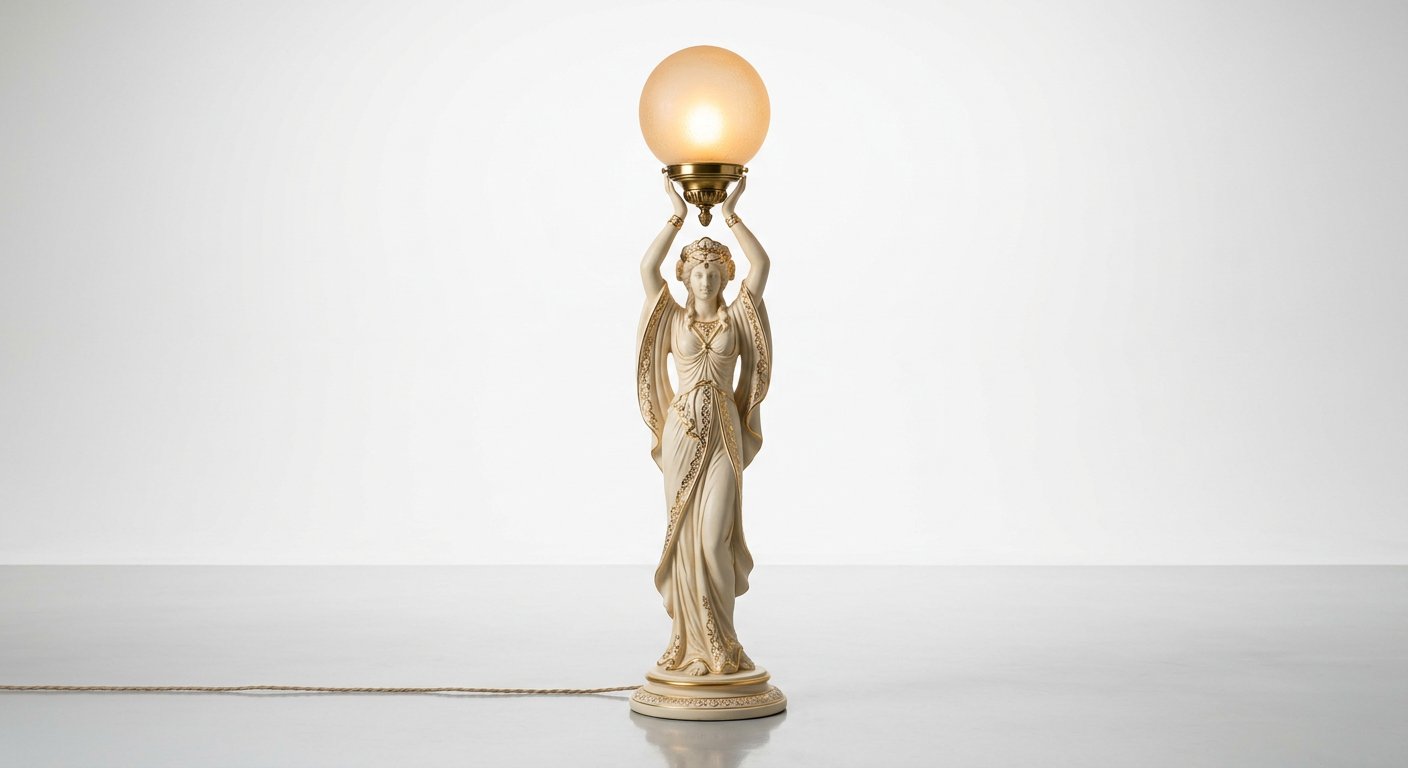 Figurine lamp — sculptural figure holding a glowing sphere