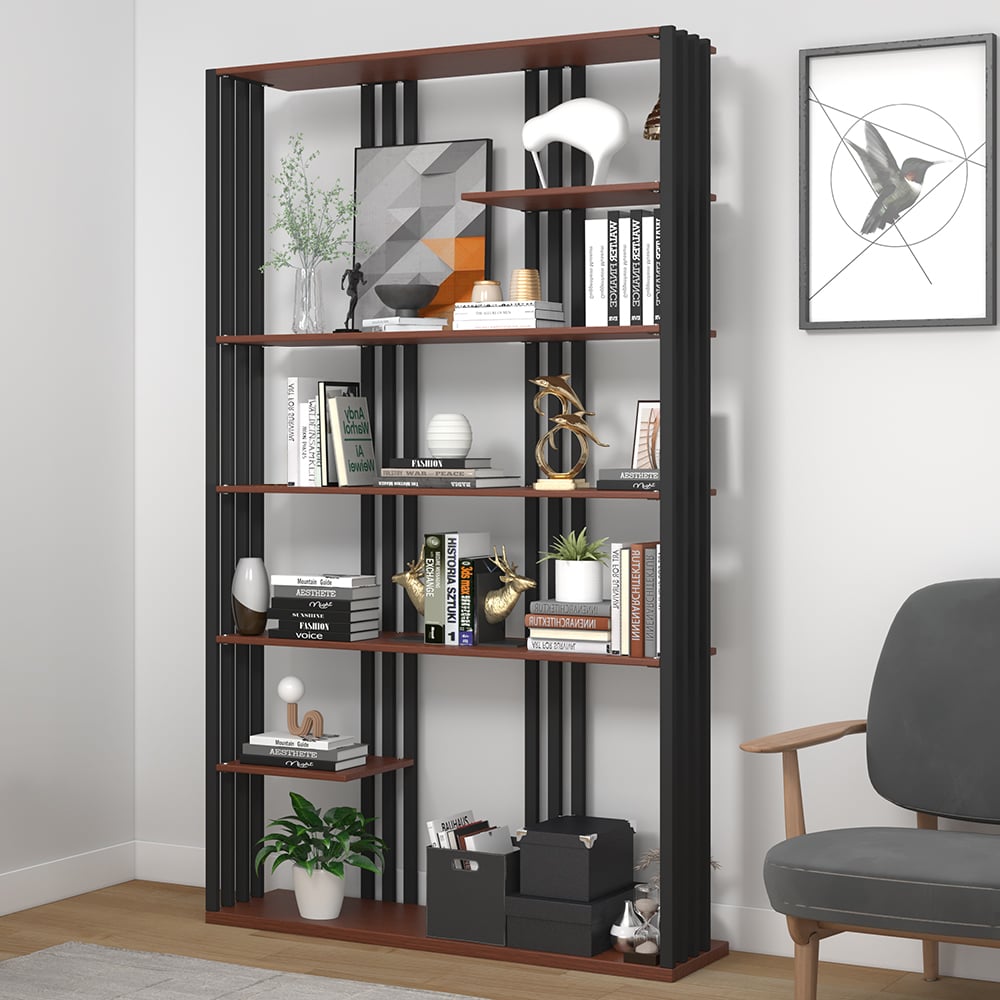 Asymmetric shelf in black metal and walnut