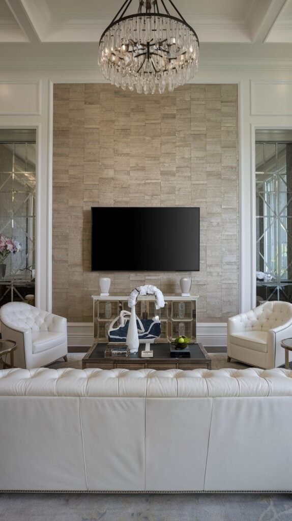 Geometric TV wall in angular walnut planes